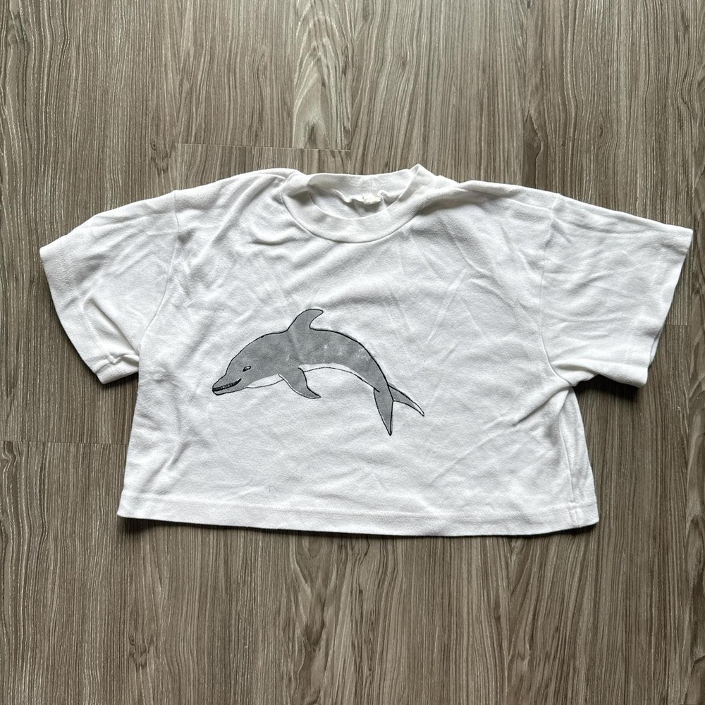 White and grey ocean inspired dolphin graphic t-shirt crop top tee - Picture 1 of 1